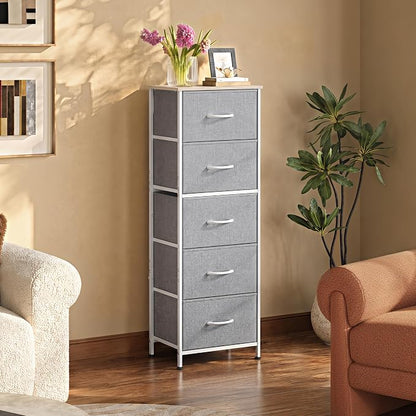 WLIVE Fabric Dresser, 5-Drawer Tall Dressers for Bedroom, Storage Dresser Organizer with Fabric Bins, Wood Top, Sturdy Steel Frame, Chest of Drawers for Closet, Hallway, Light Grey