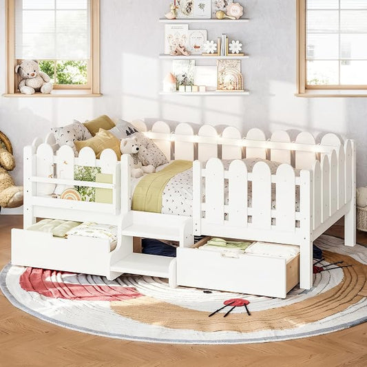 Bellemave Twin Kids Montessori Bed with Stairs, Bookshelf and LED Lights, Solid Wood Kids Bed Frame with Storage Drawers for Boys Girls, Low Profile,White