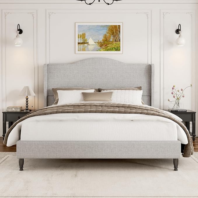 Full Bed Frame with Headboard, Upholstered Platform Bed with Tall Wingback Headboard, Sturdy Wood Slats Support, Easy Assembly, No Box Spring Needed, Modern Style for Bedroom, Beige