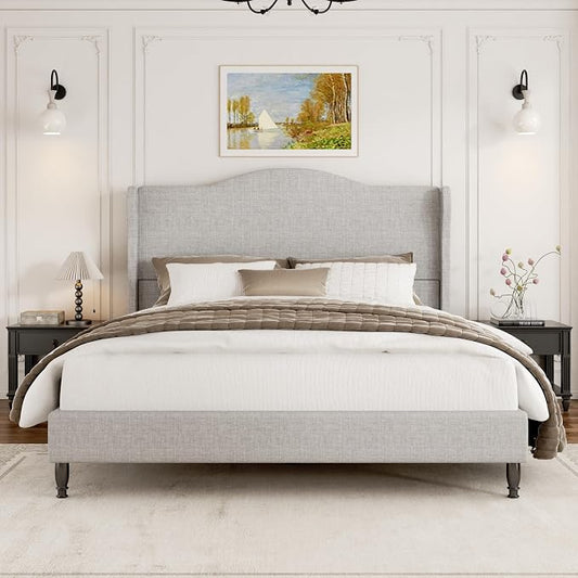Full Bed Frame with Headboard, Upholstered Platform Bed with Tall Wingback Headboard, Sturdy Wood Slats Support, Easy Assembly, No Box Spring Needed, Modern Style for Bedroom, Beige