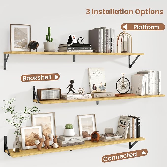 Axeman 48'' x 8'' Oak Floating Shelves for Wall with Brackets Set of 2 | 48 Inch Oak Book Shelf for Living Room Bedroom, Includes Mounting Hardware, Holds up to 45Lbs