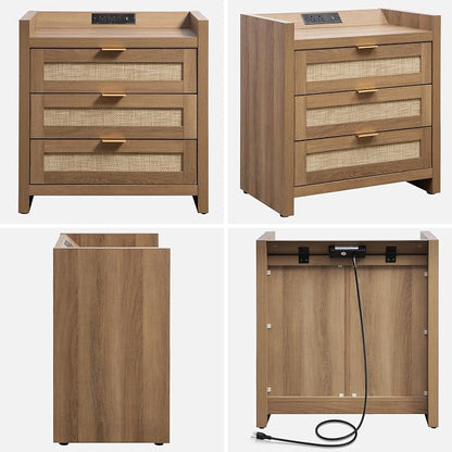 SICOTAS Rattan Night Stand Set of 2 - Tall Nightstands with Type-C Charging Station, 3 Storage Drawers, Larger Nightstand Boho Bedside Table End Table for Bedroom Sofa Couch Office - Natural Oak