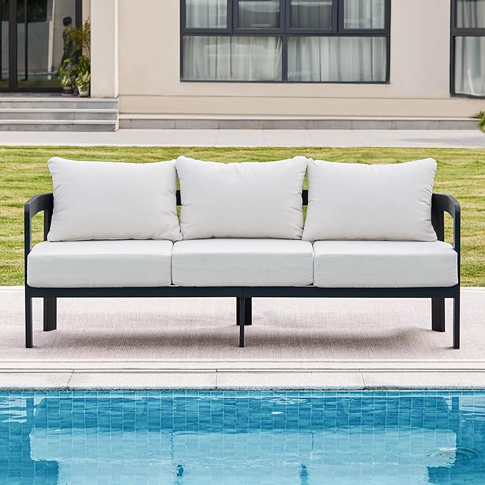 Outdoor Patio Sofa, 3-Seat All-Weather Metal Modern Couch with Washable Thick Cushion for Garden/Backyard/Porch, White
