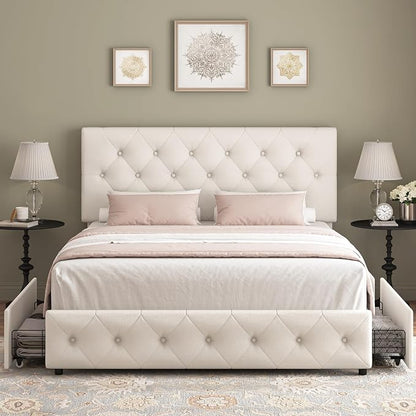 Keyluv Full Size Upholstered Platform Bed Frame with 4 Storage Drawers, Modern Beige Fabric Bed with Adjustable Button Tufted Headboard, Solid Wooden Slat Support, Easy Assembly