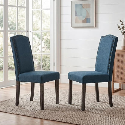 LSSBOUGHT Dining Chair Upholstered Parsons Kitchen Chair with Copper Nails and Solid Wood Legs (Blue-Fabric, Set of 6)