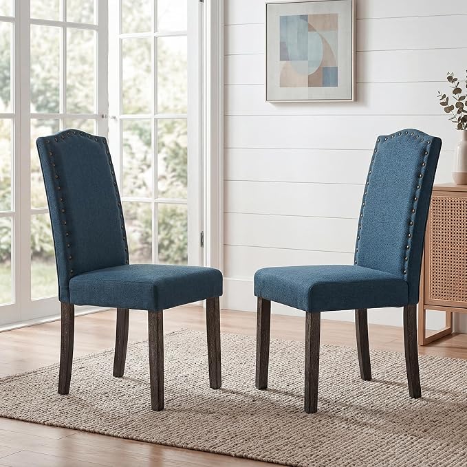 LSSBOUGHT Dining Chairs Set of 2,Upholstered Parsons Dining Room Chairs Fabric Kitchen Chairs with Solid Wood Frame and Nailhead Trim(Blue)