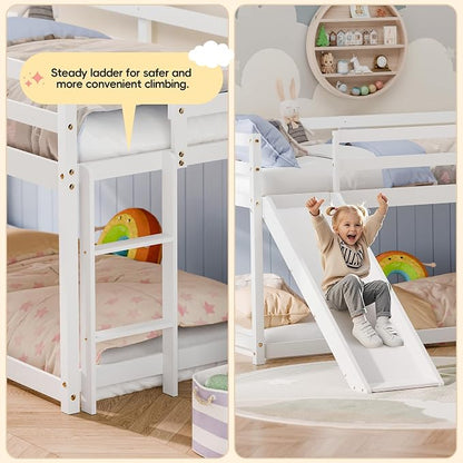 Bunk Bed with Slide, Wooden Bed Frame for Kids, Low Loft Bunk Bed Twin Over Twin with Ladders, Safety Guardrails for Kids, Toddlers, Boys, Girls, Teens, Bedroom (White)