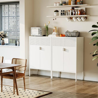 COFaR White Metal Storage Cabinet with Adjustable Shelves, 47”H Modern Buffet Sideboard & Coffee Bar Cabinet with Magnetic Doors, Ventilated Steel Organizer for Kitchen, Dining Room, Home Office