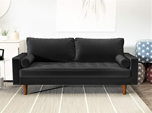 Container Furniture Direct Womble Mid Century Modern Velvet Upholstered Tufted Seat with Bolster Pillows, Sofa, Midnight