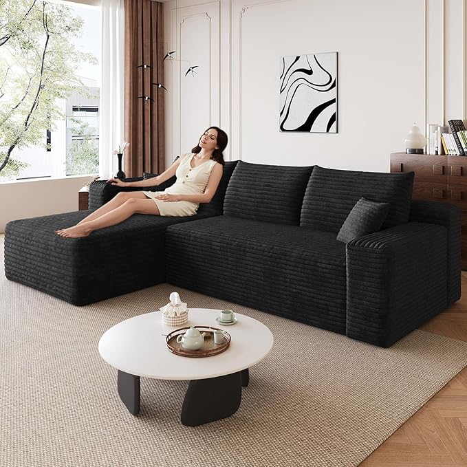 95" Modular Sectional Sofa, Modern Corduroy Cloud Couch with Side Pockets, Boneless Couch Upholstered 3-Seater L-Shaped Sofa for Living Room, No Assembly Required (Black,Left-Facing Chaise)
