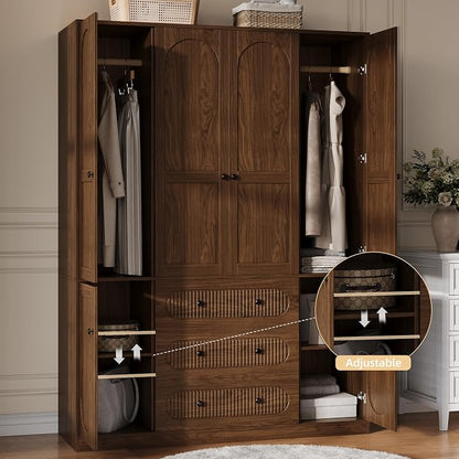 TOKSOM 4 Doors Freestanding Armoire Wardrobe Closet, 72" Walnut Wardrobe Armoire Wooden Closet Large Capacity Storage with 3 Drawers & 3 Hanging Rod Shelves Clothes Organizer