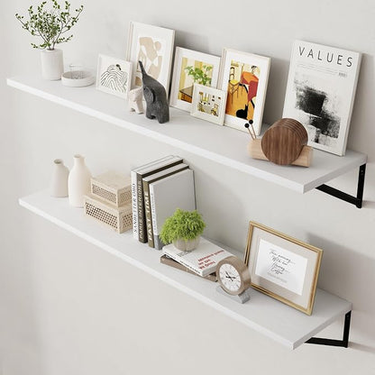 Axeman Floating Shelves for Wall White - 55 Inch Wide x 12 Inch Deep Wall Shelves Set of 2 - White Deep Wood Floating Shelves for Living Room Bedroom Laundry Room
