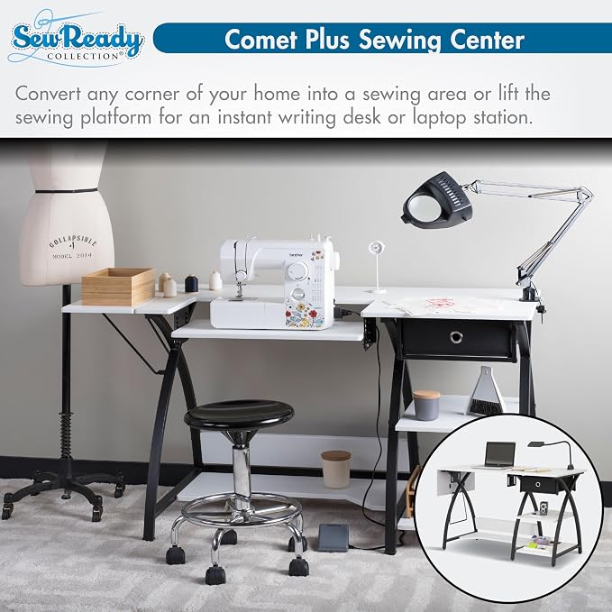 Sew Ready Comet Plus Hobby Sewing Table, 45.5 x 23.5" Overall Platform Size w/ Large Lower Storage Drawer, 2 Side Shelves & Cloth Drawer, Black/White