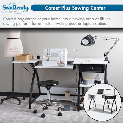 Sew Ready Comet Plus Hobby Sewing Table, 45.5 x 23.5" Overall Platform Size w/ Large Lower Storage Drawer, 2 Side Shelves & Cloth Drawer, Black/White
