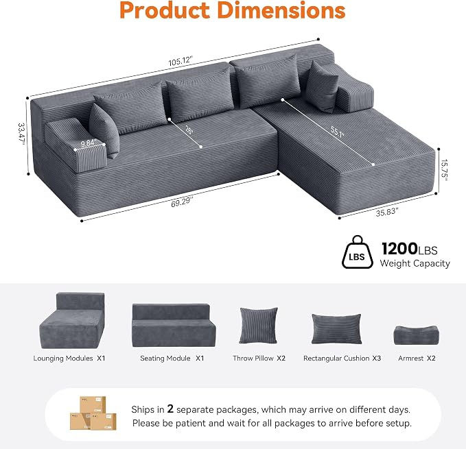 MONVANE 106" Cloud Sectional Couch with L-Shaped Chaise, Modular Sectional Sofa with Deep Seat and Removable Armrests, Comfy Corduroy Boneless Couches for Living Room, No Assembly Required, Grey