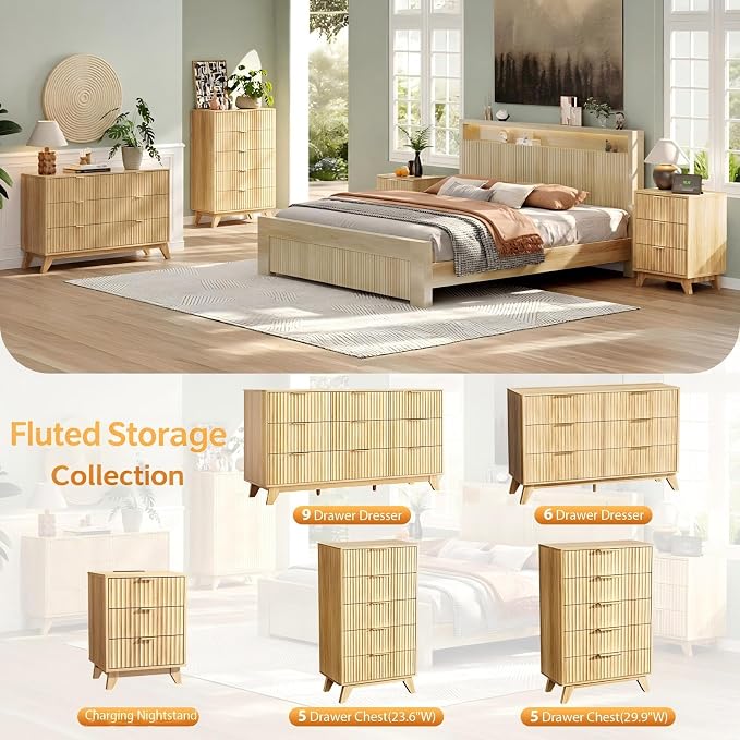 VINGLI Fluted Dresser for Bedroom, 6 Drawer Dresser w/Rounded Edges, Mid Century Modern Dressers Natural Wood Color, 46.8" W*15.6" D*31" H
