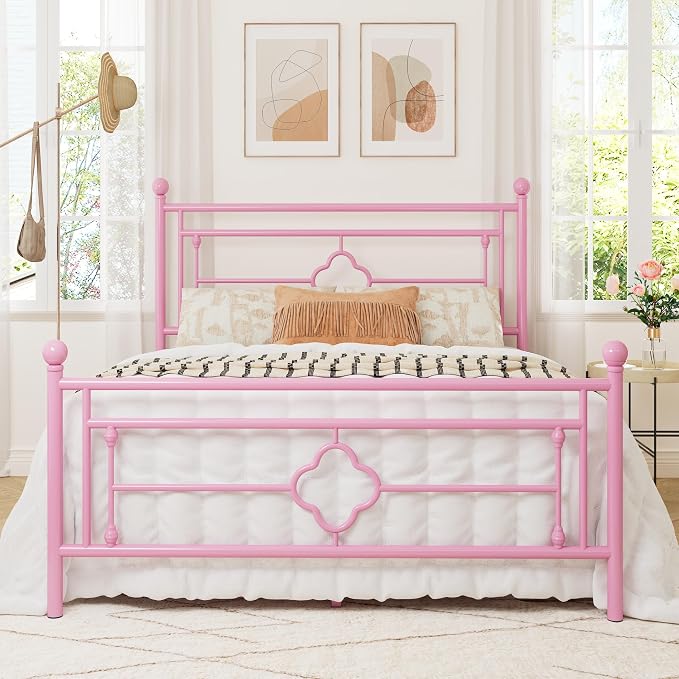 Allewie Full Size Metal Platform Bed Frame with Victorian Vintage Headboard and Footboard/Mattress Foundation/Under Bed Storage/No Box Spring Needed/Noise-Free/Easy Assembly, Pink