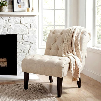 Mid Century Modern Accent Chair, Button Tufted Armless Lounge Chair, Upholstered Linen Side Chair with Solid Wood Legs for Bedroom, Living Room, Office