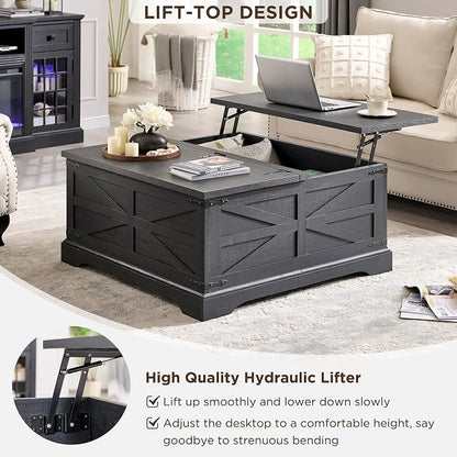 JXQTLINGMU Farmhouse Lift Top Coffee Table with Large Storage, 36" Square Wood Living Room Table with Hidden Compartment, Lift Tabletop Dining Table for Home, Black
