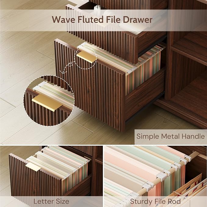 55'' Executive Desk with 3 Fluted Drawers, L Shaped Computer Desk with Lift Desktop & Power Outlets, Storage Shelves, CPU Stand, Industrial Office Desk with Cabinet (Dark Walnut)