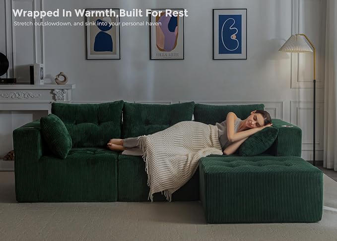 MAXYOYO Modular Sectional Sofa Couch, L Shaped Modern Cloud Couch with Ottoman, Sofa in A Box, Tufted 4-Seat Boneless Sleeper Chair for Living Room, No Assembly Required, Green