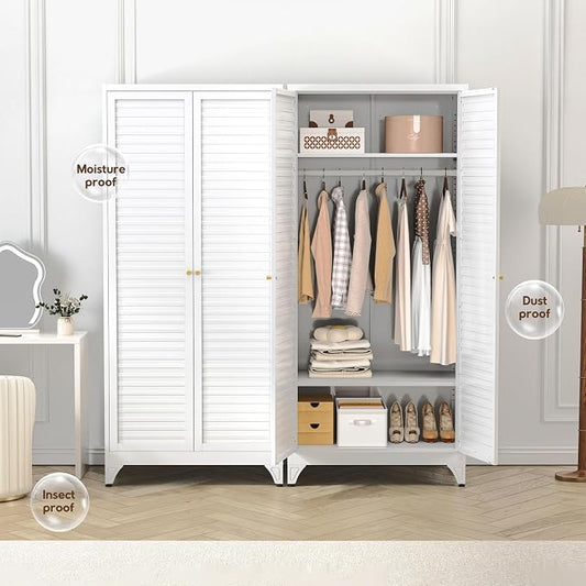 UNICOLY Metal Wardrobe Closet, 71'' Wardrobe Cabinet with Hanging Rod, Armoire Wardrobe Closet with 2 Louver Doors, Adjustable Shelves, for Bedroom, Cloak Room, School, Gym, Government, White