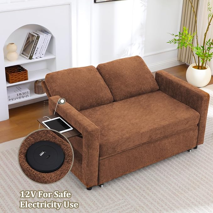 3 in 1 Folding Convertible Sleeper Sofa Bed Pull Out Couch with Side Pockets USB Port Side Table Loveseat Sofa Bed with Adjustable Backrest for Living Room Bedroom 66" Orange 2 SEAT