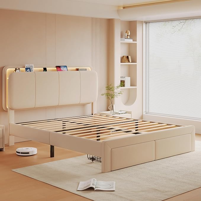 Feonase Full Upholstered Bed Frame with Headboard and 2 Storage Drawers, Built-in Charging Station, Velvet Platform LED Bed with Solid Wood Slat Support, No Box Spring Needed, Beige
