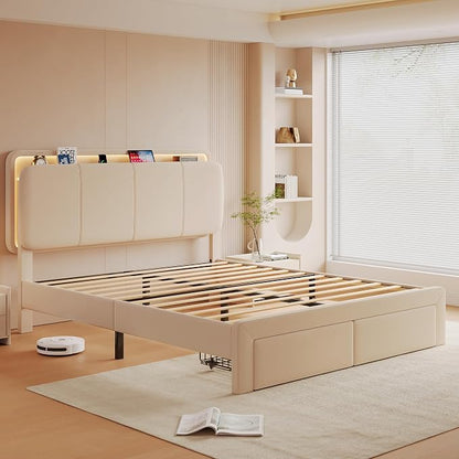 Feonase Full Upholstered Bed Frame with Headboard and 2 Storage Drawers, Built-in Charging Station, Velvet Platform LED Bed with Solid Wood Slat Support, No Box Spring Needed, Beige
