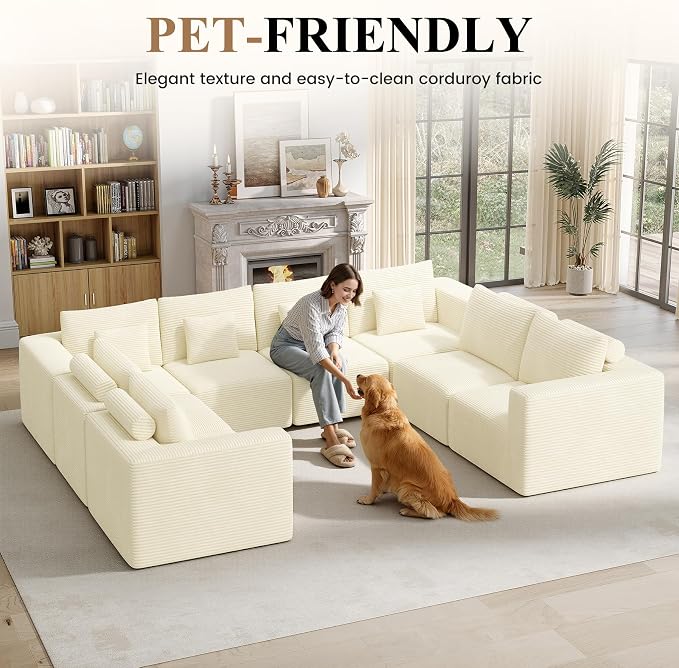 Modern U Shaped Modular Sectional Sofa, Convertible Oversized Cloud Couches for Living Room, Comfy 8 Seater Corduroy Boneless Couch Sofa Set, No Assembly Required, Beige 1 PCS