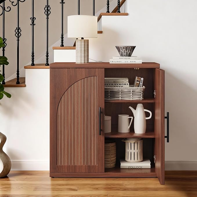 MapleGrace 31.5" Fluted Buffet Cabinet with Storage, Mid-Century Symmetrical Arched Sideboard Credenza with Adjustable Shelf, Large Wood Console Table for Dining Room, Kitchen, and Living Room(Walnut)