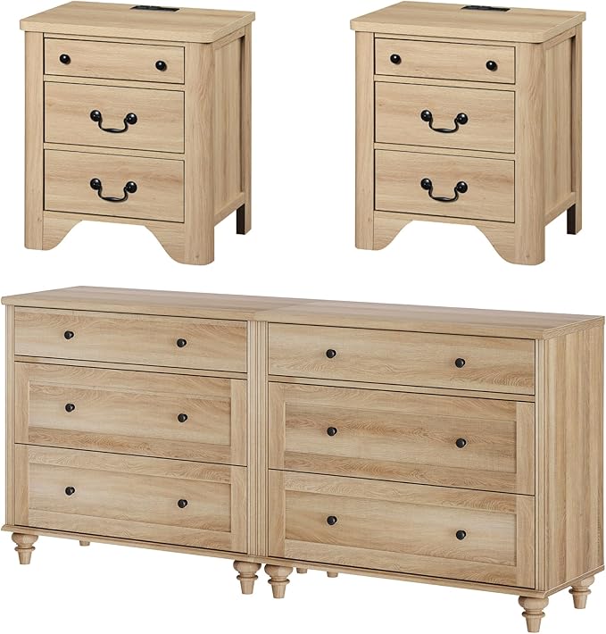 WAMPAT 4 Piece Bedroom Set - Includes Farmhouse 3 Drawer Storage Cabinet, Set of 2 Bedside Tables with Charging Station, Dresser and Nightstand Sets, Oak