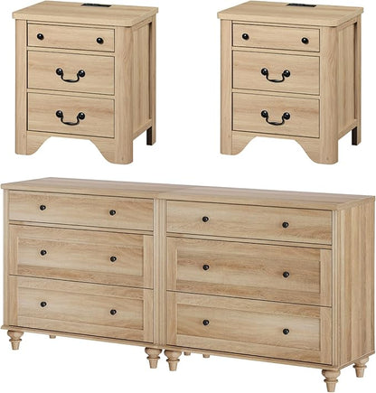 WAMPAT 4 Piece Bedroom Set - Includes Farmhouse 3 Drawer Storage Cabinet, Set of 2 Bedside Tables with Charging Station, Dresser and Nightstand Sets, Oak