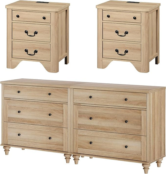 WAMPAT 4 Piece Bedroom Set - Includes Farmhouse 3 Drawer Storage Cabinet, Set of 2 Bedside Tables with Charging Station, Dresser and Nightstand Sets, Oak