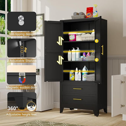 GAIOUS Steel Pantry Cabinet, 71" Metal Storage Cabinets with 2 Doors | 2 Adjustable Shelf and 2 Drawers, Freestanding Storage Cabinet for Bedroom, Kitchen, Home Office (Black)