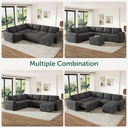 HONBAY Modular Sectional Sleeper Sofa with Pull Out Bed,Corduroy U Shaped Couch with Storage, Sectional Couches for Living Room,Dark Grey