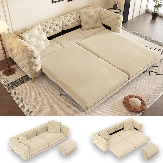 97.7'' Pull Out Sofa Bed King, Chesterfield Velvet Sleeper Sofa, Convertible L-Shaped Futon Couch, Tufted Back, Ottoman, Deep Seat Loveseat Couches for Living Room, Apartment, Honey Beige