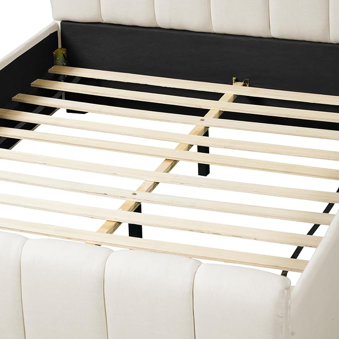 Merax Queen Size Upholstered Platform Bed with Thick Headboard and Footboard, Block Style Linen Fabric Bed Frame with Solid Wood Legs, Beige
