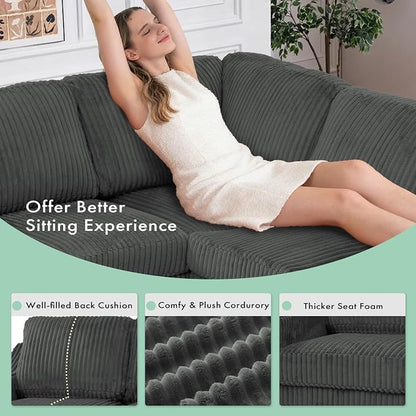89 Inches Corduroy Sectional Sofa with High Density Sponge, Modern 5 Seats Corner Couch with Deep Seat, Comfy Modular L Shaped Couch with Comfortable Back Cushions for Living Room, Grey