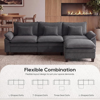 URRED Oversized Modular Sectional Sofa, 122" L Shaped Modern Comfy Cloud Couch with Movable Ottoman & Pillows, Deep Seat Couches for Living Room, Bedroom or Apartment (Velvet Grey, 122" L Shaped)