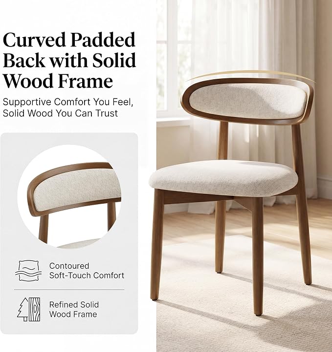 Wooden Dining Chairs Set of 2, Modern Fabric Upholstered Dining Room Chair, Kitchen Side Chairs, Farmhouse Dinner Chair with Curved Back for Kitchen, Beige