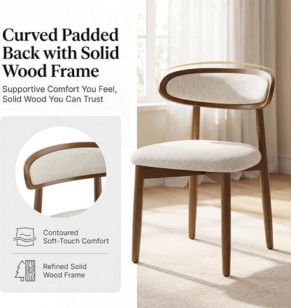 Wooden Dining Chairs Set of 2, Modern Fabric Upholstered Dining Room Chair, Kitchen Side Chairs, Farmhouse Dinner Chair with Curved Back for Kitchen, Beige