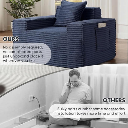 Boneless Sofa Couch with Cup Holders & Side Pockets, Modern Corduroy Fabric Deep Seat Single Cloud Couch for Reading Living Room Office, No Assembly (Blue)