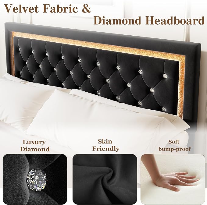 Garvee Floating Bed Frame King Size with Smart Led Lights, Upholstered Platform Bed with Diamond Headboard, Solid Wood Slats Support, No Box Spring Needed, Noise-Free, Easy Assembly, Black