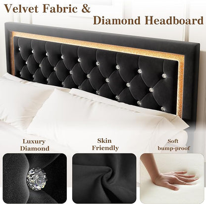 Garvee Floating Bed Frame King Size with Smart Led Lights, Upholstered Platform Bed with Diamond Headboard, Solid Wood Slats Support, No Box Spring Needed, Noise-Free, Easy Assembly, Black