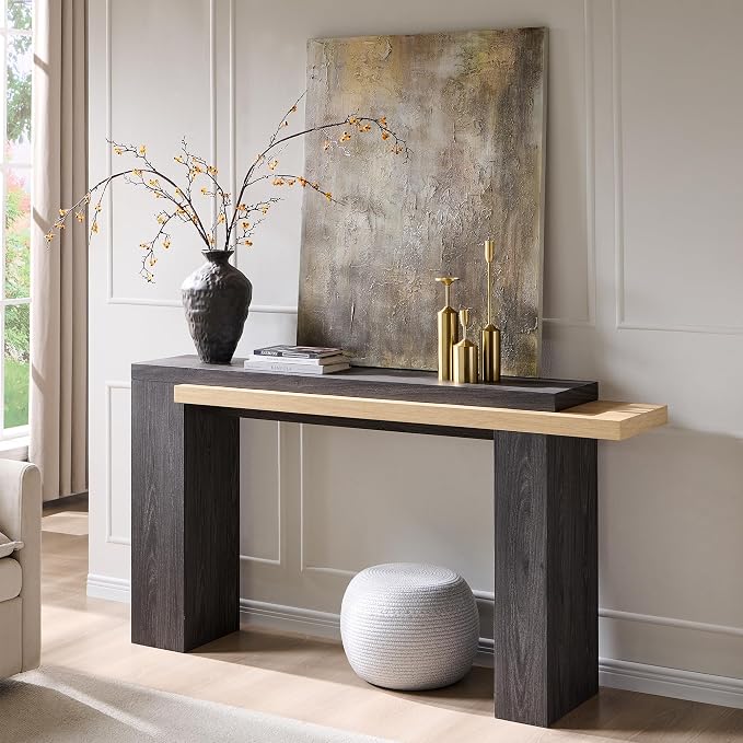 OKD 63 Inch Modern Entryway Console Table, Solid Geometry Accent Sofa Table Behind The Couch, Narrow Console Table for Entryway, Hallway, Living Room, Foyer, Natural Oak with Dark Alder