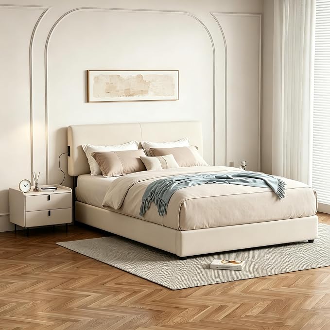 Full Size Upholstered Platform Bed with Pull-Out Trundle Bed | Twin Size Trundle, LED Lighting Controlled by APP, USB+Type-C Charging Ports, Chenille Upholstered Bed Frame,Beige