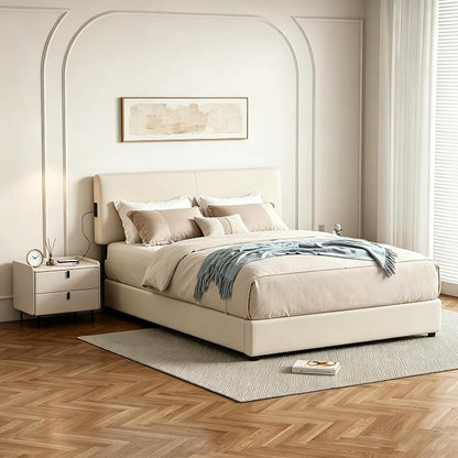 Full Size Upholstered Platform Bed with Pull-Out Trundle Bed | Twin Size Trundle, LED Lighting Controlled by APP, USB+Type-C Charging Ports, Chenille Upholstered Bed Frame,Beige