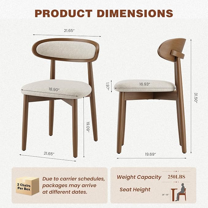 Wooden Dining Chairs Set of 6, Modern Fabric Upholstered Dining Room Chair, Kitchen Side Chairs, Farmhouse Dinner Chair with Curved Back for Kitchen, Beige
