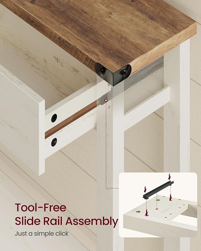 VASAGLE LIRY Collection Narrow Console Table with 3 Drawers and Shelf, Sofa Table 9.4 x 63 x 29.9 Inch, Easy Assembly, Entryway, Living Room, Farmhouse Style, Honey Brown and Rustic White ULNT148W101